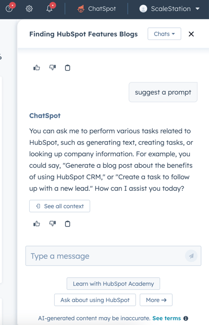 Asking ChatSpot to suggest a prompt