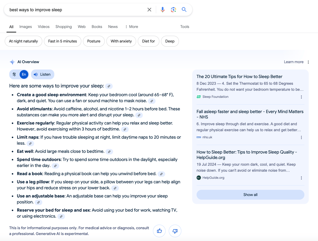 Google’s AI Overview for the Keyword “Best Ways to Improve Sleep” fully expanded upon clicking “Show more”