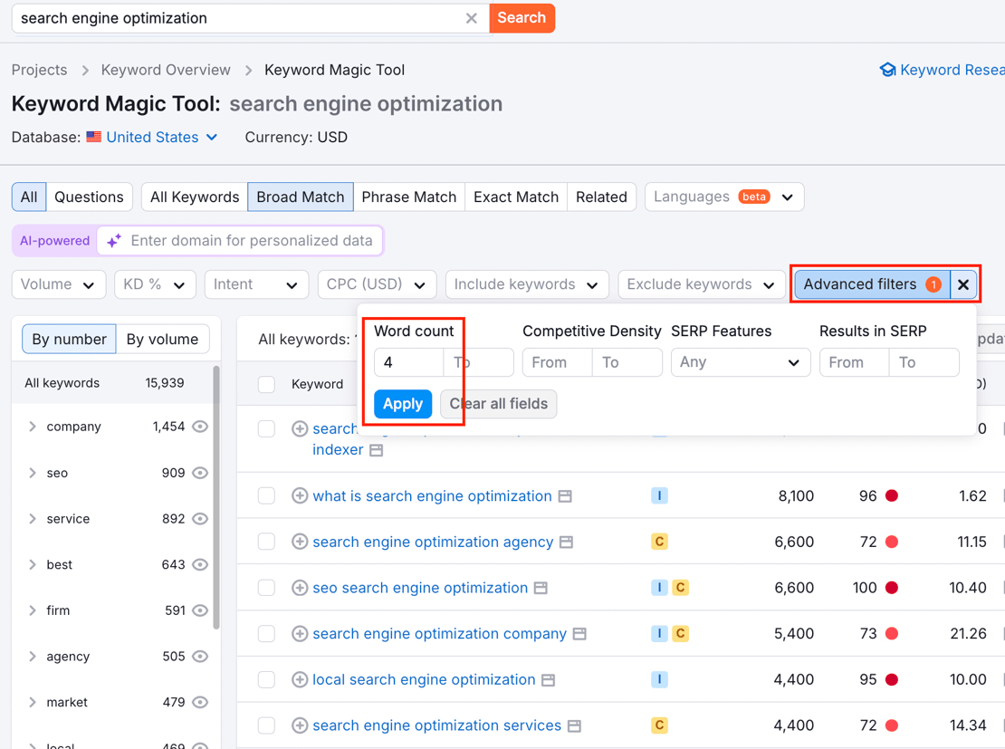 Finding Long Tail Keyword Variations of Search Engine Optimization using Semrush