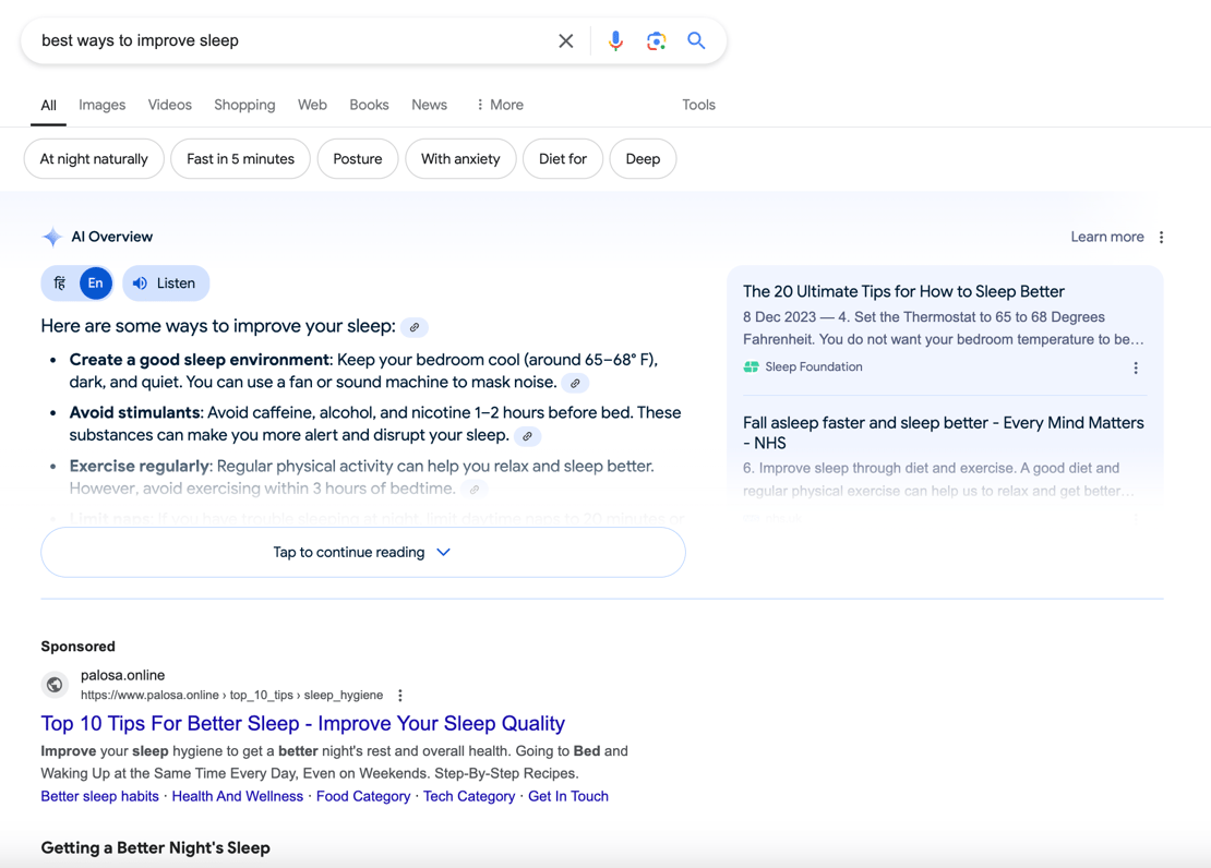 Google’s AI Overview for the Keyword “Best Ways to Improve Sleep”