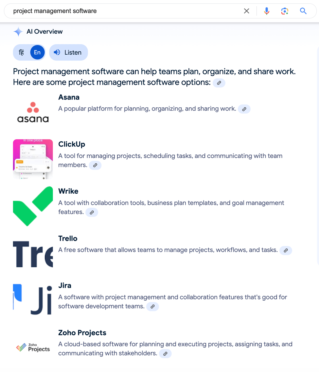 AI Overview Result For The Keyword Project Management Software